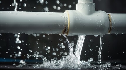 Emergency water damage repair scenario, showcasing a high-pressure burst of water erupting from a ruptured pipe, symbolizing the urgency of plumbing issues.