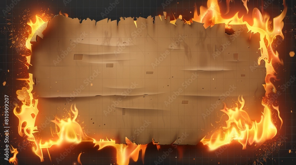 Poster burnt paper edge with grid modern set. fire effect on page hole. flame on burned sheet isolated on t