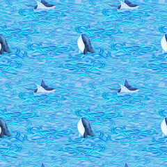 Sea animals stingray, whale against a background of blue and turquoise waves. Watercolor illustration. Seamless pattern. For fabrics, textiles, wallpaper, wrapping paper, design