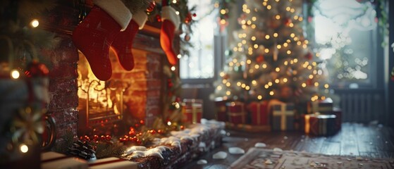 Empty shot of the Magic of Holidays on a Snowy Christmas Morning: Close-up on Christmas Tree and Stockings Next to a Decorated Fireplace.
