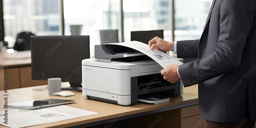 Poster modern office solutions: businessman integrating multifunction printer, scanner, and copier for seam