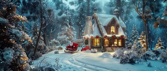 A magical Christmas card or art painting with a cozy house styled with festive decorations for the winter holidays. Santa Claus sleigh and home in a forest with lots of snow.