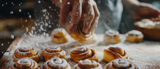 A close up of the cinnamon buns being prepared to share with family and friends for Christmas. Delicious buns being buttered and cooked for Holiday Evening Guests.