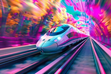 Futuristic illustration Pop art color of a highspeed train zooming through a cyber color forest, crafted as a kawaii template sharpen with copy space