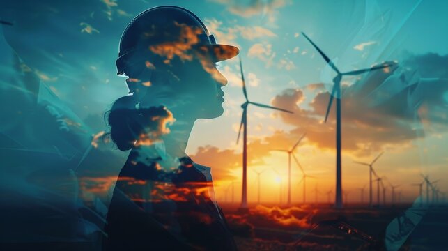 An illustration of a female engineer standing in front of wind turbines at sunset.