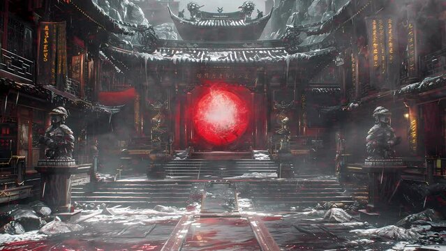 retro chinese tample fighting battle arena with flames and dust