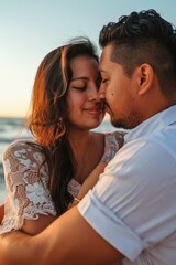A romantic couple embracing each other on a beach at sunset Fictional Character Created By Generative AI. 