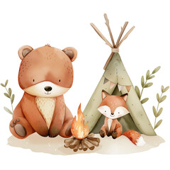 Woodland bear and little fox, camping animals with tent and fire illustration