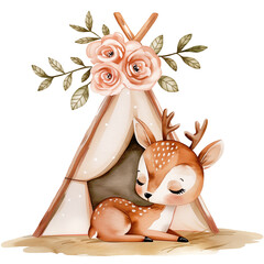 Watercolor boho baby deer with flower tent, cute bohemian woodland illustration