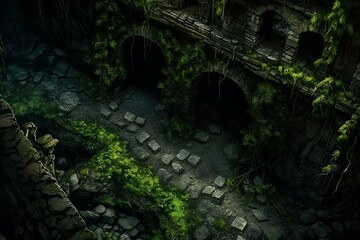 DnD Battlemap trolls, tunnel, beneath, old stone, bridge, fantasy