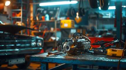 Power steering gear pump of the car with tools on working table in repair and maintenacne garage. Generative AI illustration