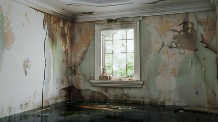Rooms floor submerged in water, highlighting the extensive water damage to the interior that requires urgent repair and restoration services.
