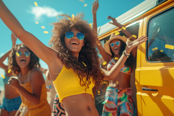 Happy Women in Dancing near a yellow van