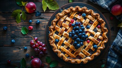 Creative top view of a delicious pie topped with grapes and vibrant fruits, isolated background and table, advertising focus