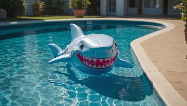 Inflatable cute shark pool toy floating in a pool