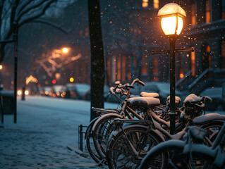 A street lamp a snow-covered bike rack on a dark, snowy night, with bicycles resting beneath the blanket of snow. - Powered by Adobe