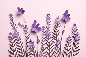 Fototapeta premium Paper cut flowers and leaves, Fresh spring nature background. Floral banner, poster, flyer template with copy space.