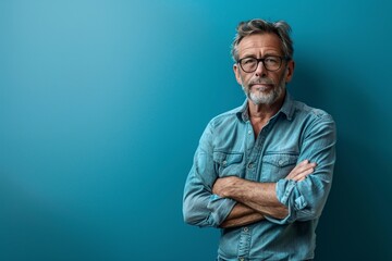 Fototapeta premium Mature Man With Beard and Glasses Against Blue Wall