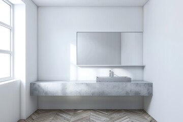 A modern minimalist bathroom with a concrete counter top, grey sink and mirror above it. The wall is white