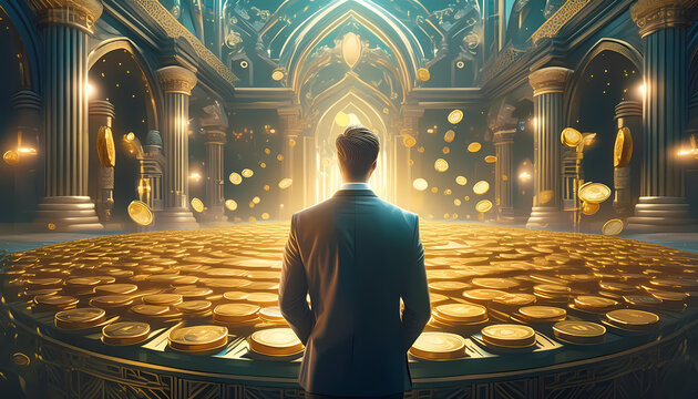 man investing money,  man looking at income, gold, saving account