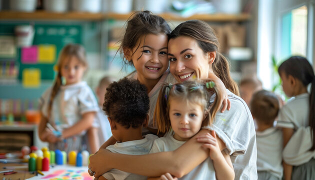 showing a parent volunteering in a classroom, helping a group of children with an art project, demonstrating hands-on involvement in education, Embracing, Support, Mother, Parents,
