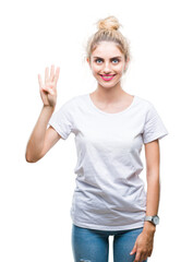 Fototapeta premium Young beautiful blonde woman wearing white t-shirt over isolated background showing and pointing up with fingers number four while smiling confident and happy.