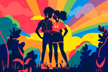 Couple of LGBTQ+ girls on rainbow flag background