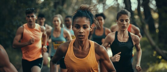 Diverse people running on a park trail as part of a marathon. Casual competitors competing for first place in a friendly race