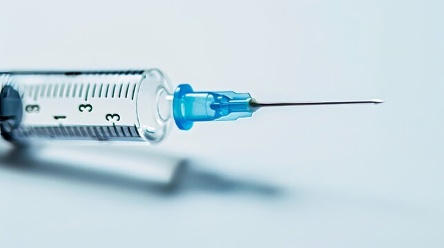 Close-up of a syringe with a distinctive blue needle, isolated on a white background, perfectly lit in a studio