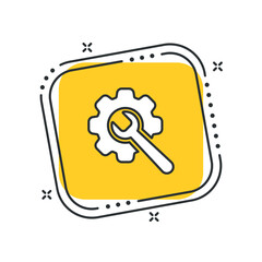 Cartoon wrench with gear icon vector illustration. Service tool on isolated yellow square background. Settings sign concept.