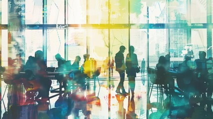 Minimal watercolor of a bustling startup office scene, capturing the energy and innovation in cyber styles, clipart watercolor easy detail on white background