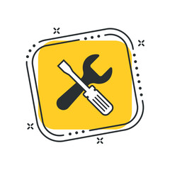 Cartoon repair icon vector illustration. Spanner, screwdriver on isolated yellow square background. Service sign concept.
