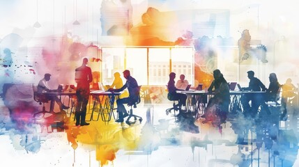 Minimal watercolor of a bustling startup office scene, capturing the energy and innovation in cyber styles, clipart watercolor easy detail on white background
