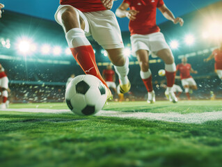 A thrilling football sequence with rival soccer players in a stadium, captured in an exciting close-up.