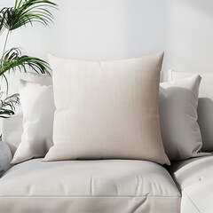 there is a white couch with a white pillow and a plant
