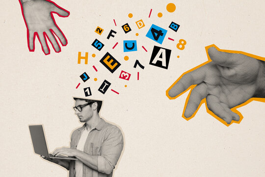 Composite creative photo collage of clever young specialist programmer look at laptop write code fix bug isolated on painted background
