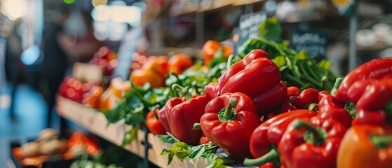 Close Up Footage of Organic Red Bell Peppers on a Counter at a Farmers Market. Organic Vegetables and Other Bioproduce from a Local Farm. - Powered by Adobe
