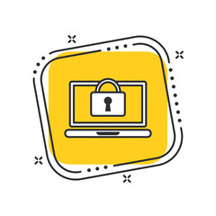 Cartoon laptop with lock icon vector illustration. Padlock on isolated yellow square background. Access sign concept.