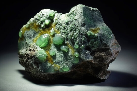 Wavellite fossil mineral stone. Geological crystalline fossil. Dark background close-up.