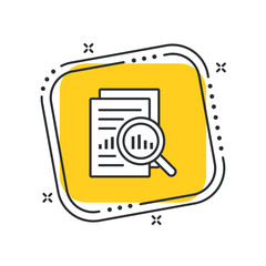 Cartoon document with loupe icon vector illustration. Diagram icon on isolated yellow square background. Analysis sign concept.