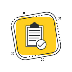 Cartoon clipboard witn checkmark icon vector illustration. Checklist icon on isolated yellow square background. List sign concept.