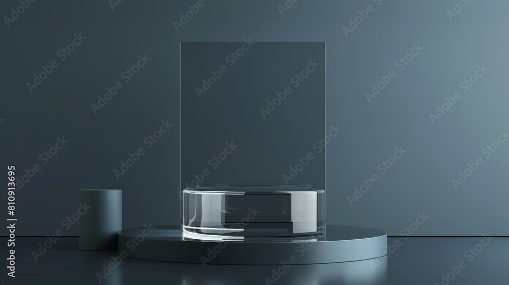 Poster An empty crystal pedestal platform for showcasing or presenting items. A realistic plastic display matrix in the shape of a square and cylinder. A 3D glass transparent clear stand podium display box