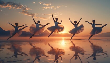 The image shows a beautiful sunset over a calm lake, with five ballerinas dancing gracefully in the foreground