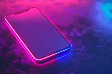 Neon style of a smartphone, set in a retro color palette, capturing the essence of modern communication with a vintage twist, banner sharpen with copy space
