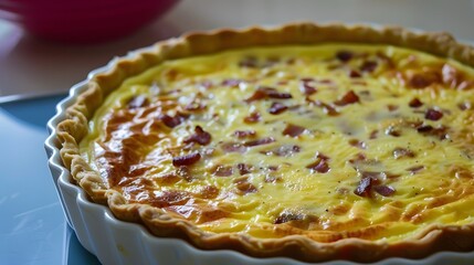 Quiche Lorraine, a savory tart made with bacon, eggs, and cream