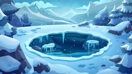 A winter mountain panorama scene with a lake ice crack. Snowy rocky nature with a danger hole near the lake. Danger hole in river water.