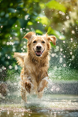 Happy family dog playing cheerfully in the home garden, splashing in the water. Pedigree purebred dog having fun with family.