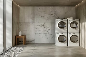 A modern, minimalist laundry room with two washing machines stacked on top of each other