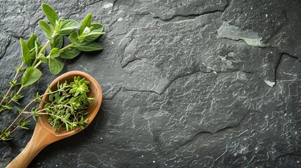 Clear, isolated shot of a wooden spoon with herbs on a gray slate background, offering plenty of copy space for appealing graphics
