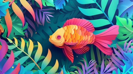 Fototapeta premium Paper art style of a vibrant fish swimming among aquatic plants, rendered in paper cut styles with a synthwave color banner template sharpen with copy space